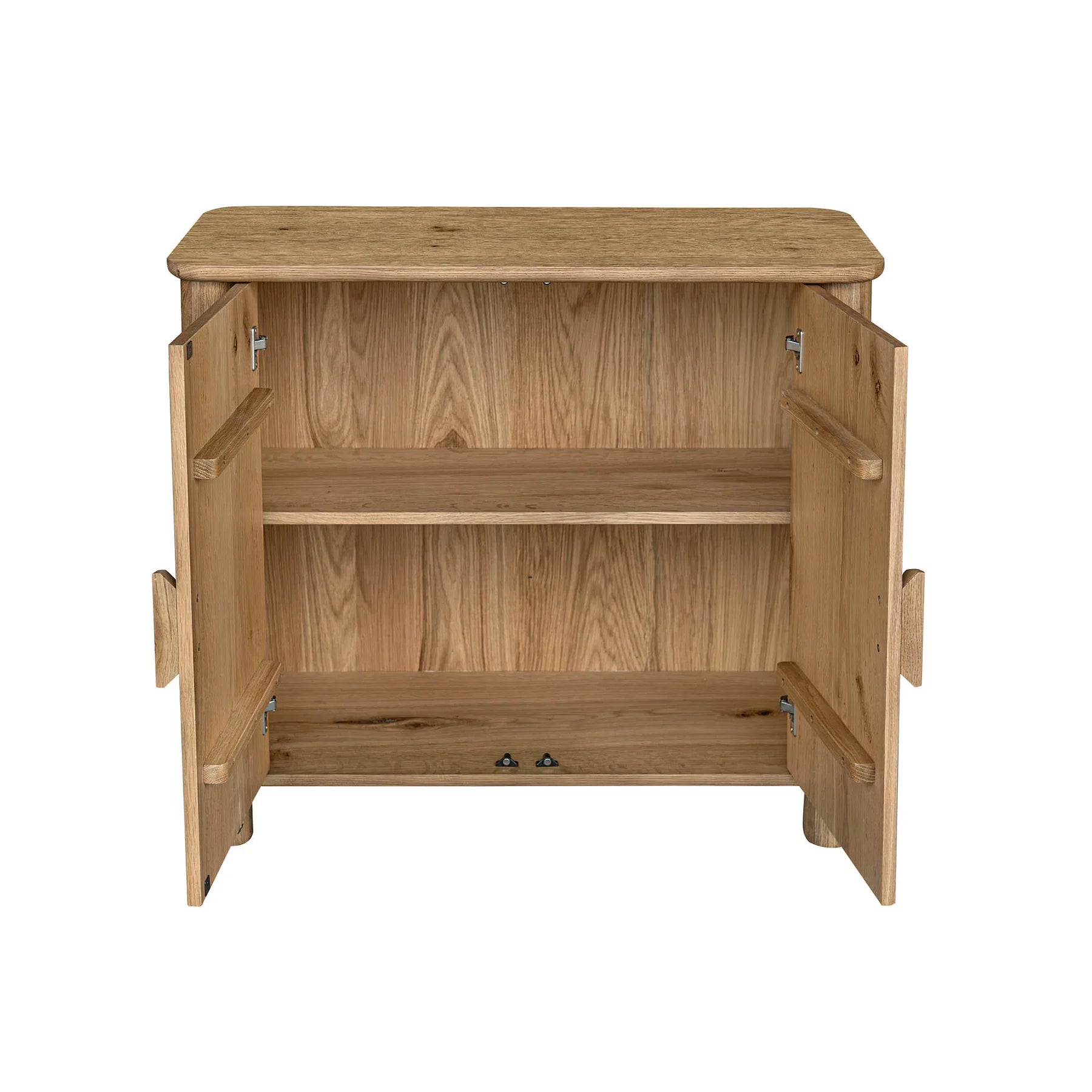 Front view of the Jasper small sideboard featuring natural oak wood construction and two cabinet doors with large circular integrated handles