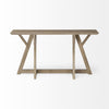 Front view of the Jennings console table in brown wood featuring a minimalist architectural design with unique Y-shaped legs