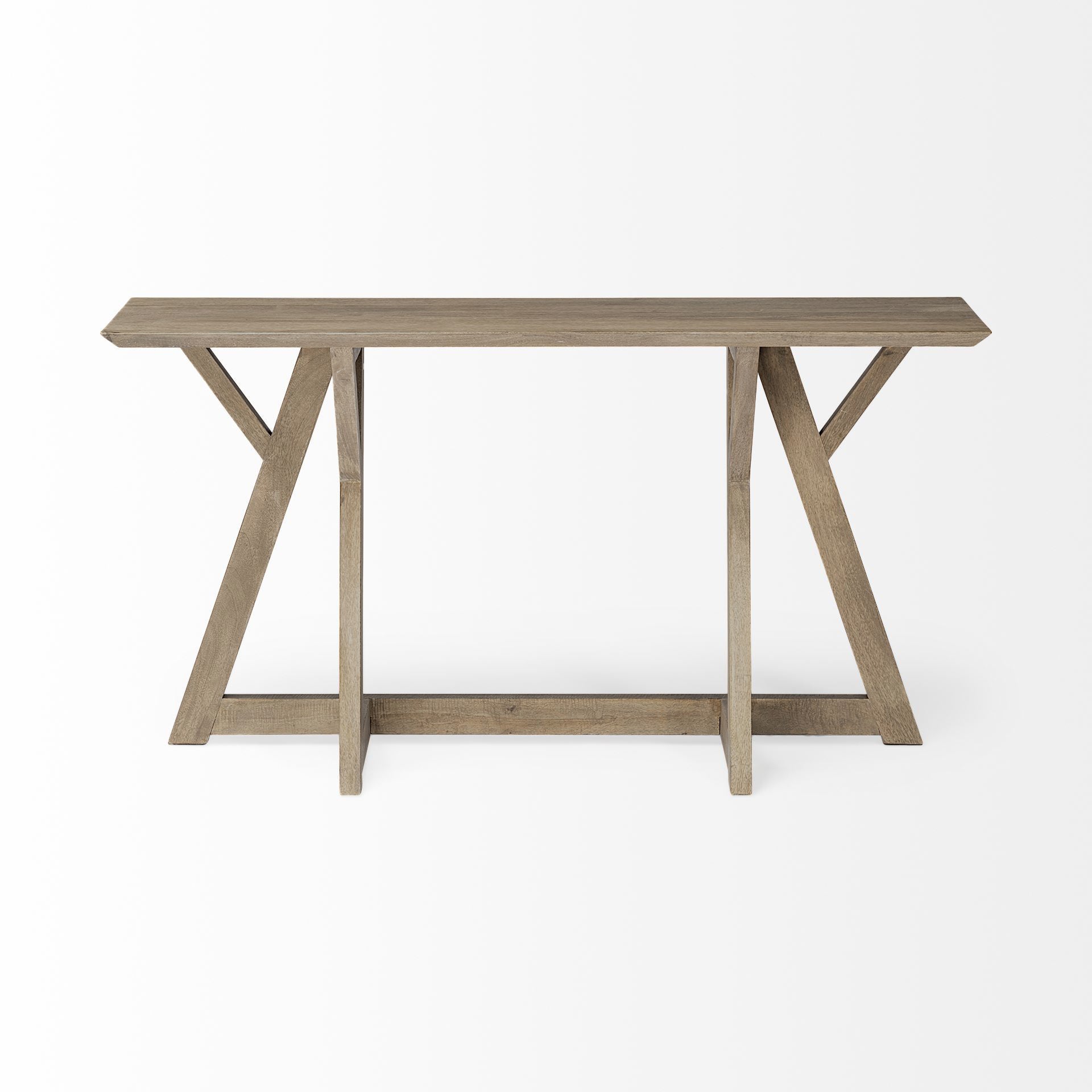 Front view of the Jennings console table in brown wood featuring a minimalist architectural design with unique Y-shaped legs