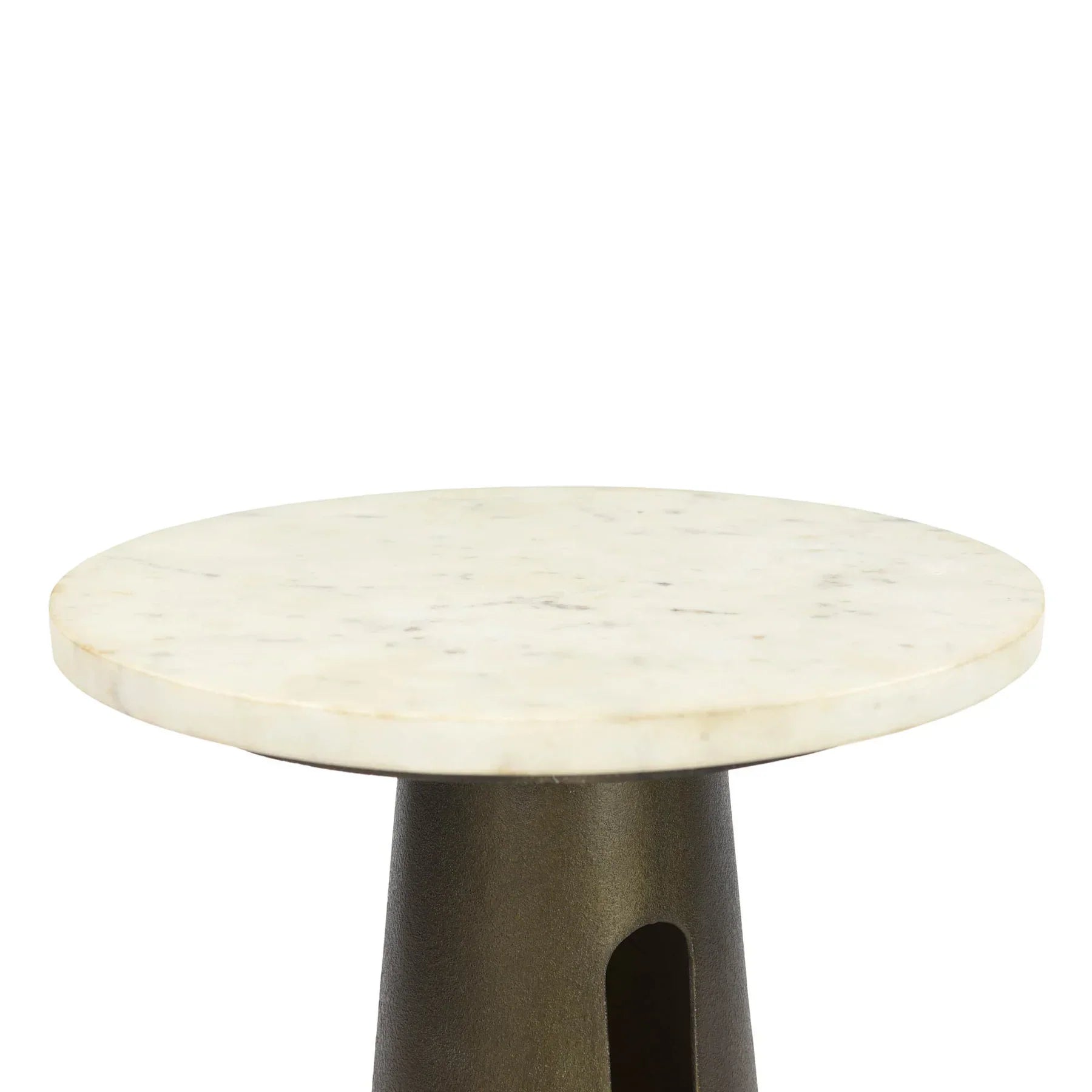 Close-up view showcasing the polished white marble surface and unique natural veining patterns of the tabletop