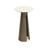 Three-quarter perspective highlighting the slim silhouette and the architectural open-slot detail of the bronze base
