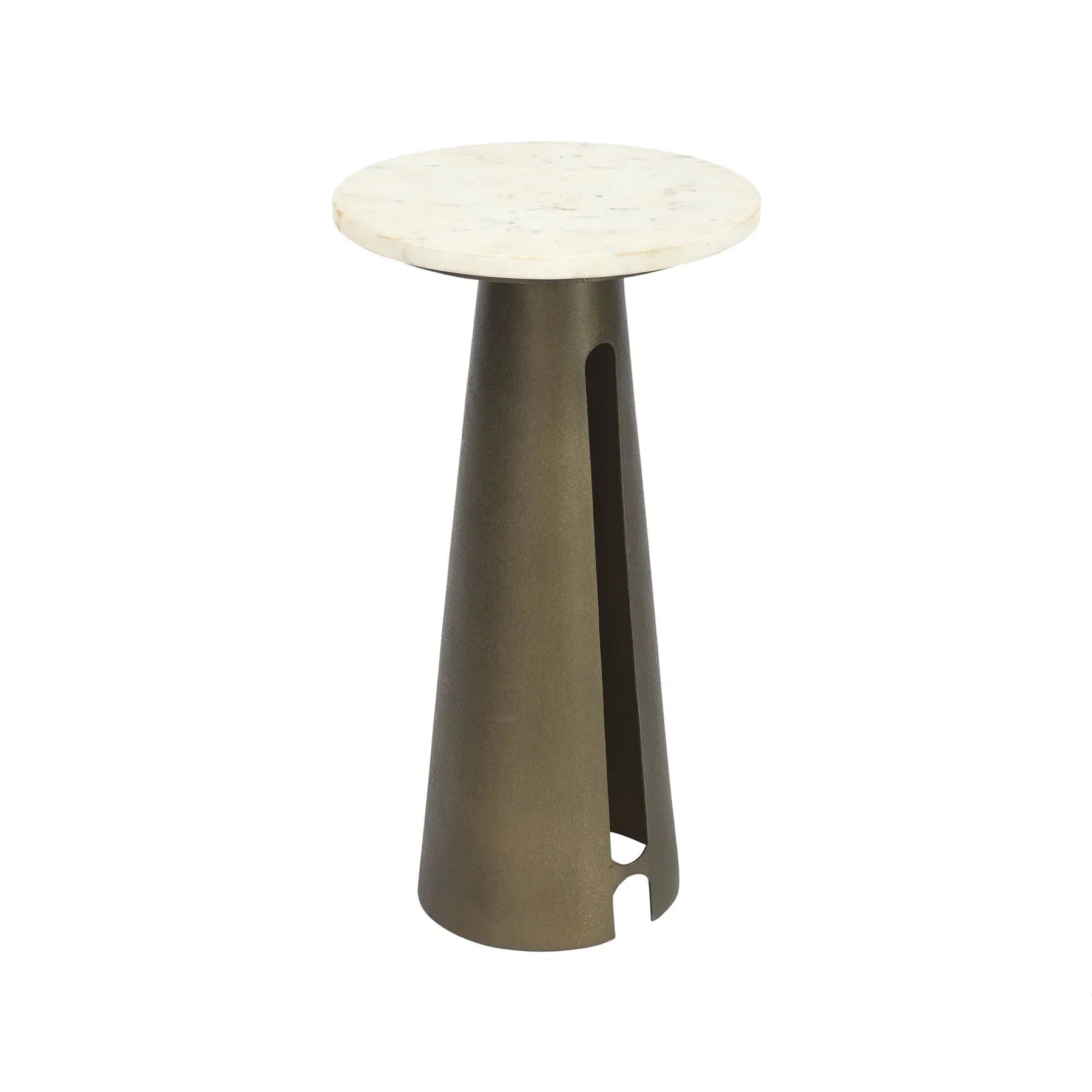 Three-quarter perspective highlighting the slim silhouette and the architectural open-slot detail of the bronze base