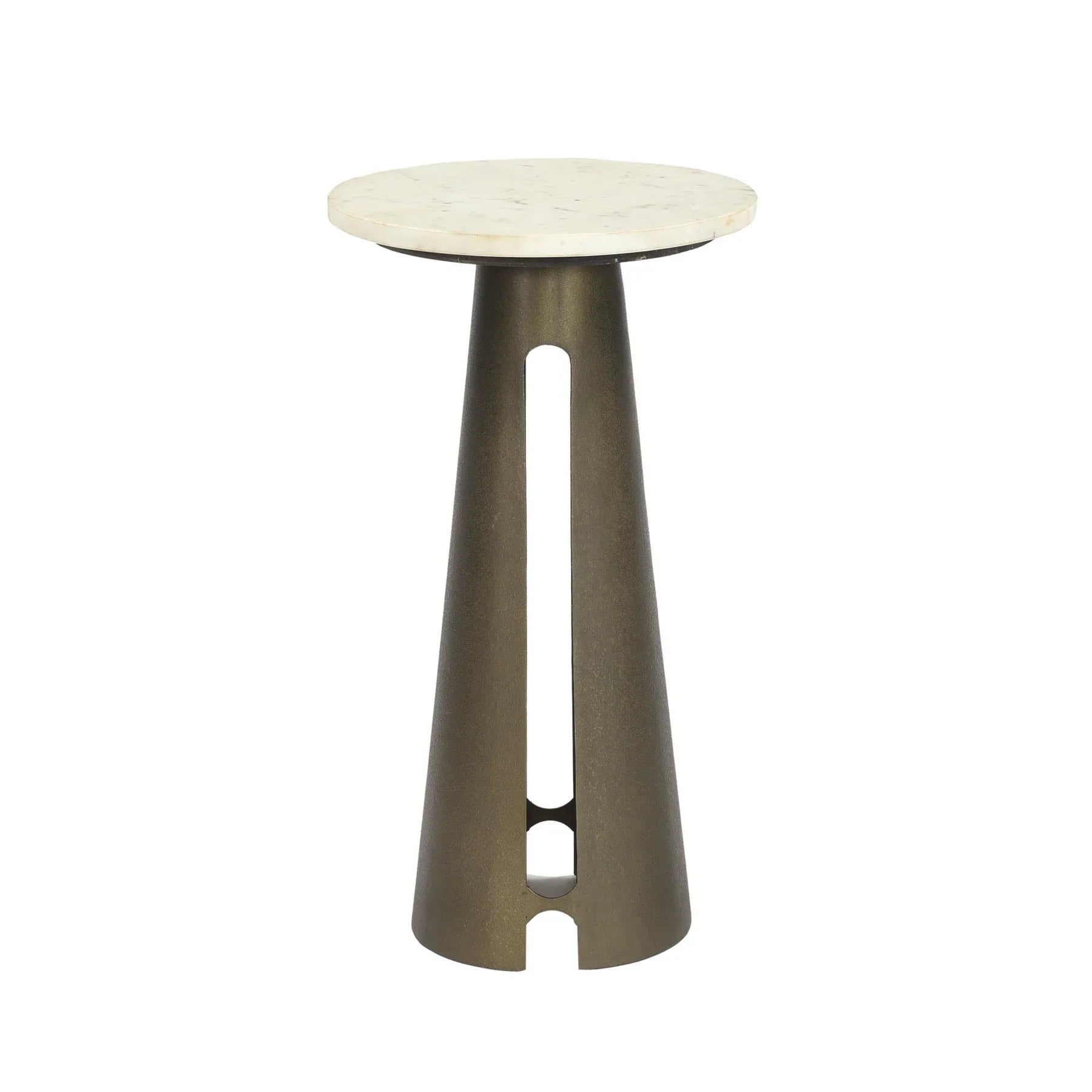 Front view of the Jericho martini table featuring a circular white marble top and a tapered bronze metal pedestal base with a vertical cutout