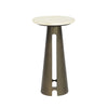 Front view of the Jericho martini table featuring a circular white marble top and a tapered bronze metal pedestal base with a vertical cutout