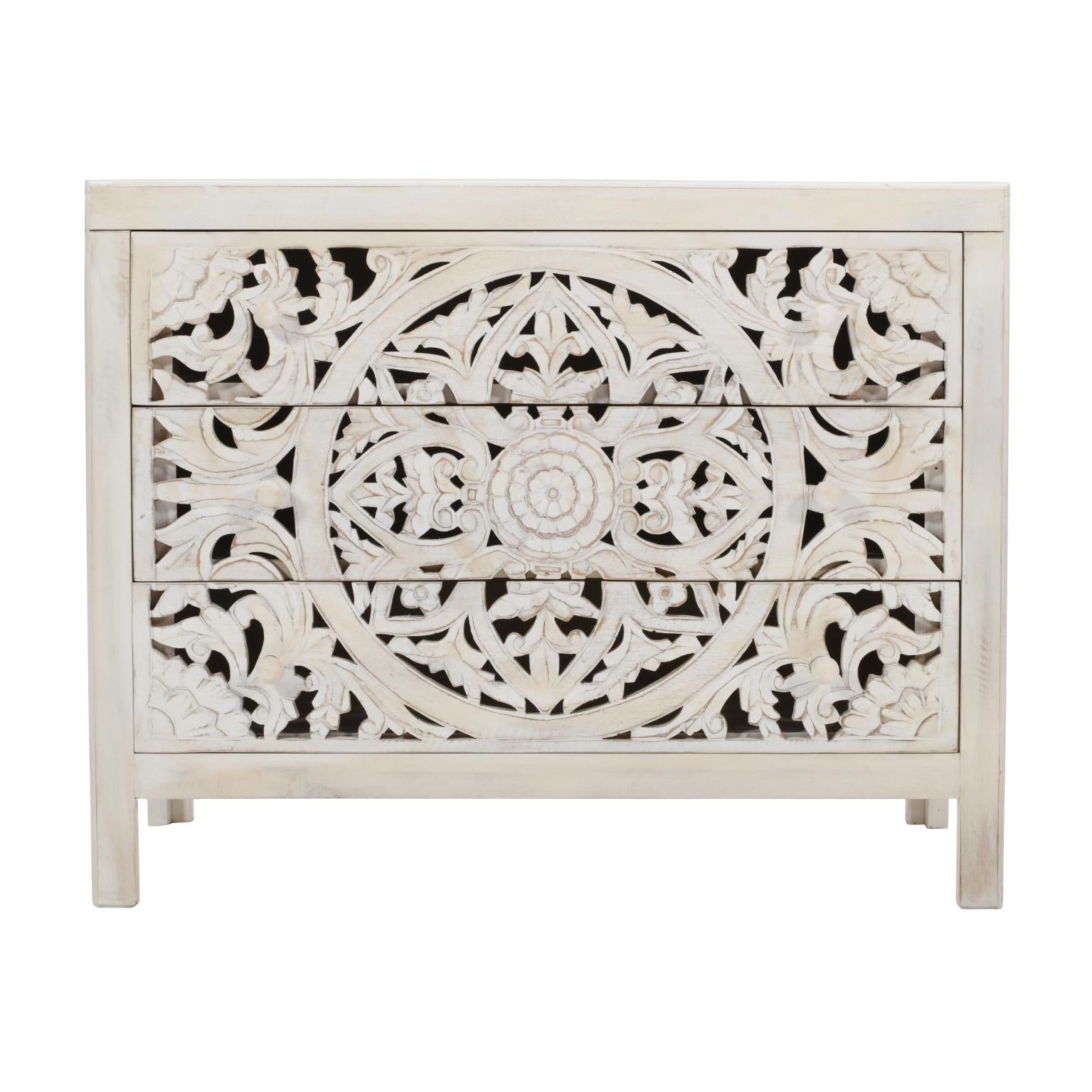 Front view of the Jolie 3-drawer accent chest featuring an intricate hand-carved circular mandala pattern in a distressed white finish