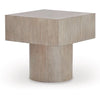 Three-quarter view of the Jorielyn end table featuring a thick square block top on a matching cylindrical pedestal base in a grey oak finish
