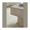 Close-up shot focusing on the natural vertical wood grain and the seamless joinery of the grey oak pedestal support
