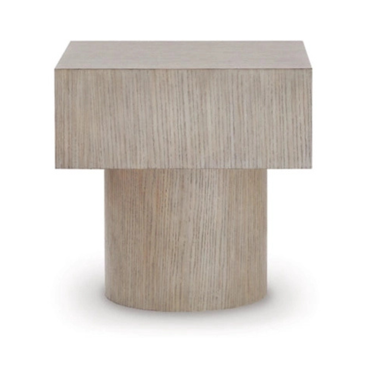 Straight-on front view showcasing the architectural balance between the heavy square tabletop and the solid round base