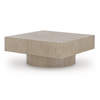 Front view of the Jorielyn coffee table featuring a square grey wood block top and a recessed cylindrical pedestal base