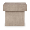 Side profile view highlighting the thick tabletop overhang and the solid structural construction of the light grey oak accent table