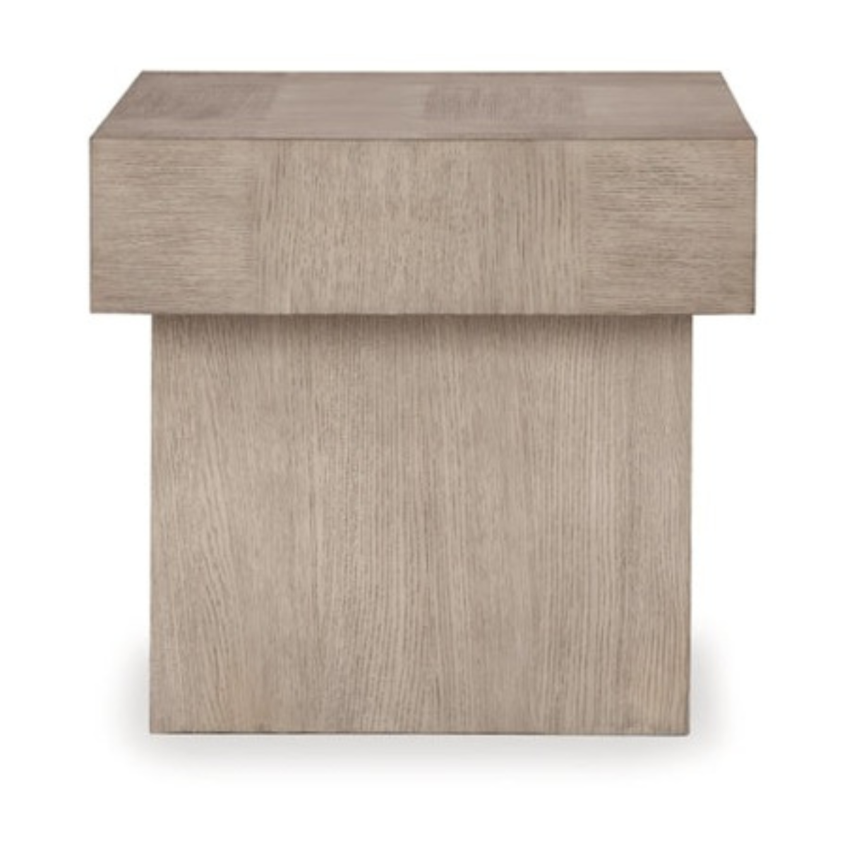 Side profile view highlighting the thick tabletop overhang and the solid structural construction of the light grey oak accent table