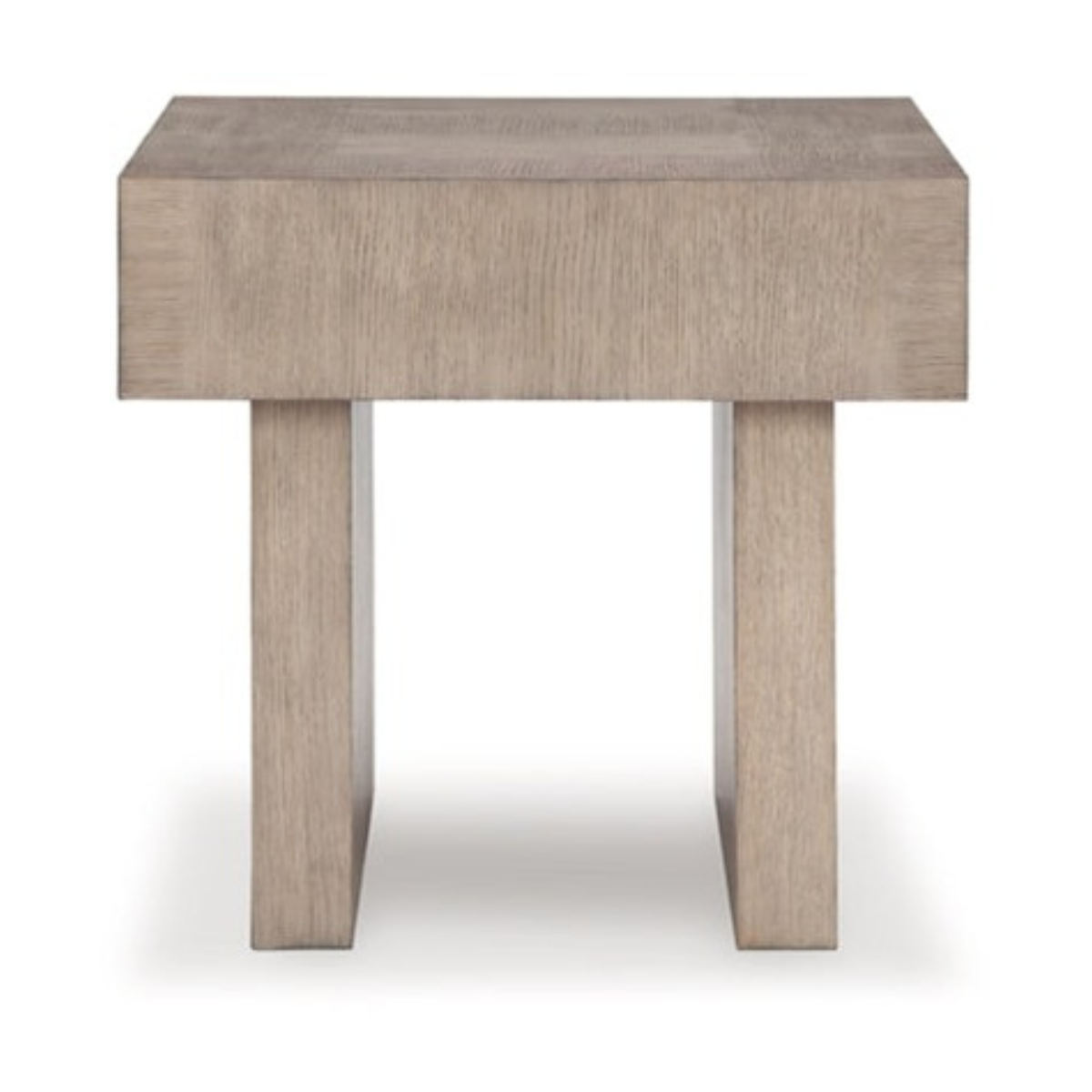 Straight-on front view showcasing the architectural silhouette and the seamless vertical wood grain of the grey oak pedestal support
