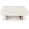 Front view of the Jorlaina square cocktail table featuring a light grey wood finish and a decorative parquet patterned block top