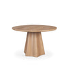 Front view of the Jovani dining table in a light natural mango wood finish variant with a matching faceted base