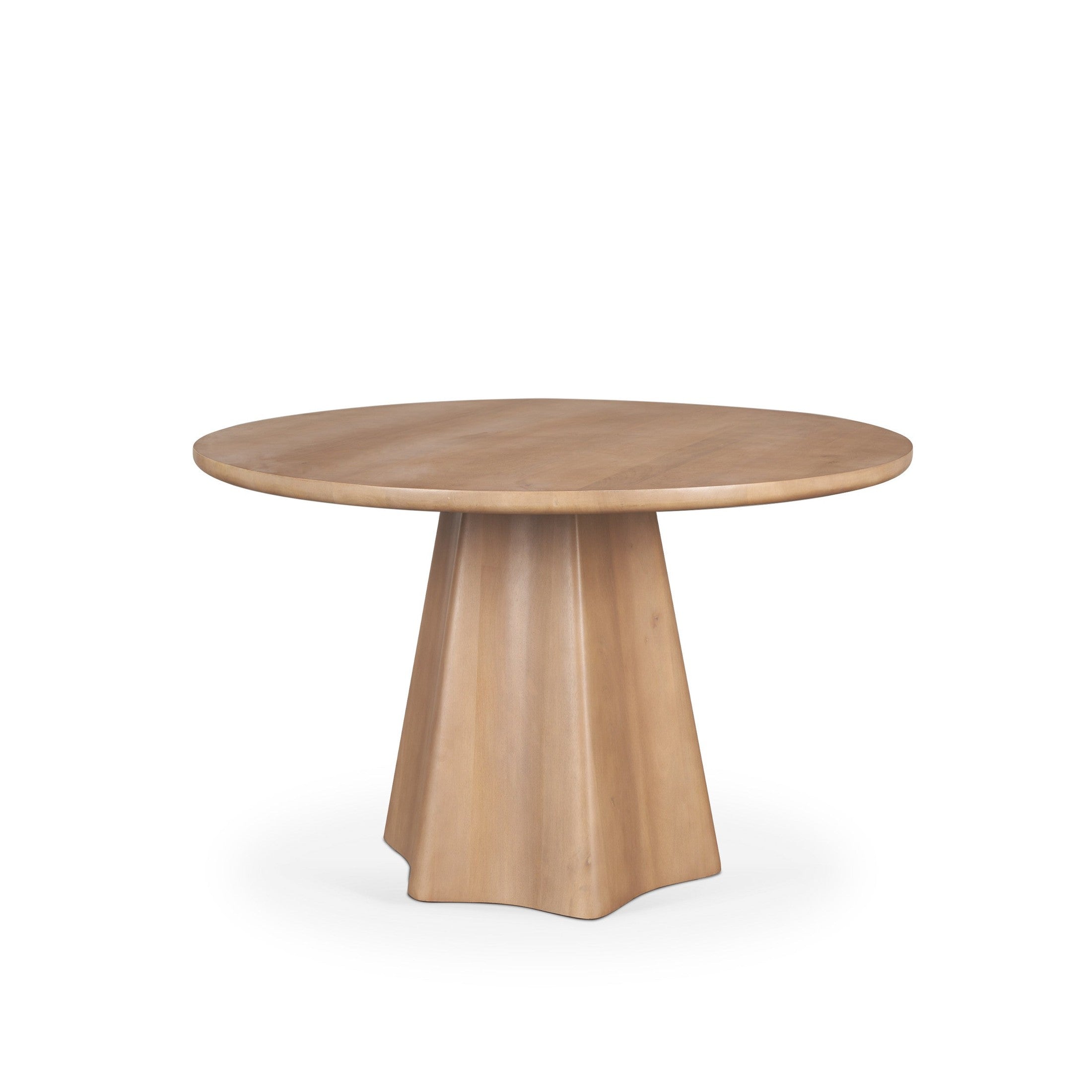 Front view of the Jovani round dining table in a dark mango wood finish featuring a sculptural faceted pedestal base
