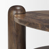 Close-up view of the dark brown mango wood leg focusing on the unique rounded cap joinery at the marble surface
