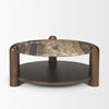 Front view of the Jovia round coffee table featuring a cappuccino marble top and a dark brown mango wood lower shelf