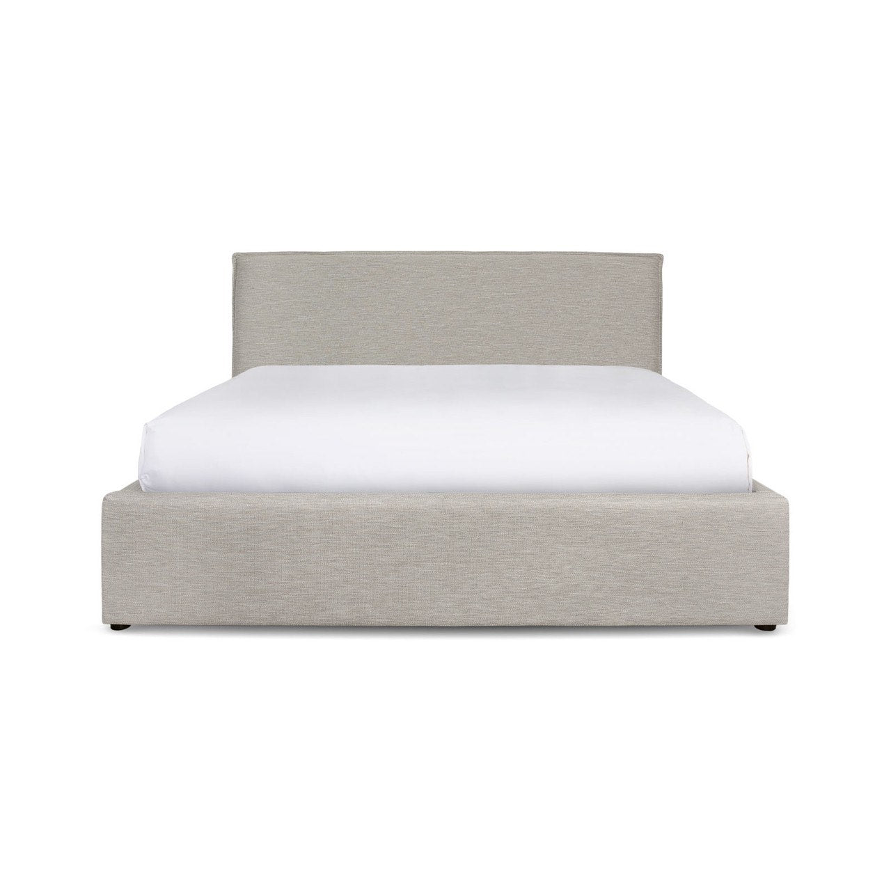 Front view of the Julia platform bed in a neutral sand fabric featuring a clean rectangular headboard and low-profile frame
