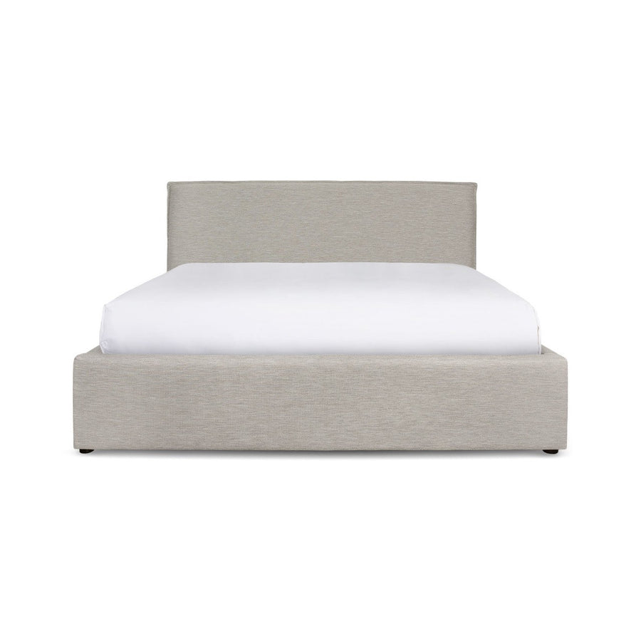 Front view of the Julia platform bed in a neutral sand fabric featuring a clean rectangular headboard and low-profile frame