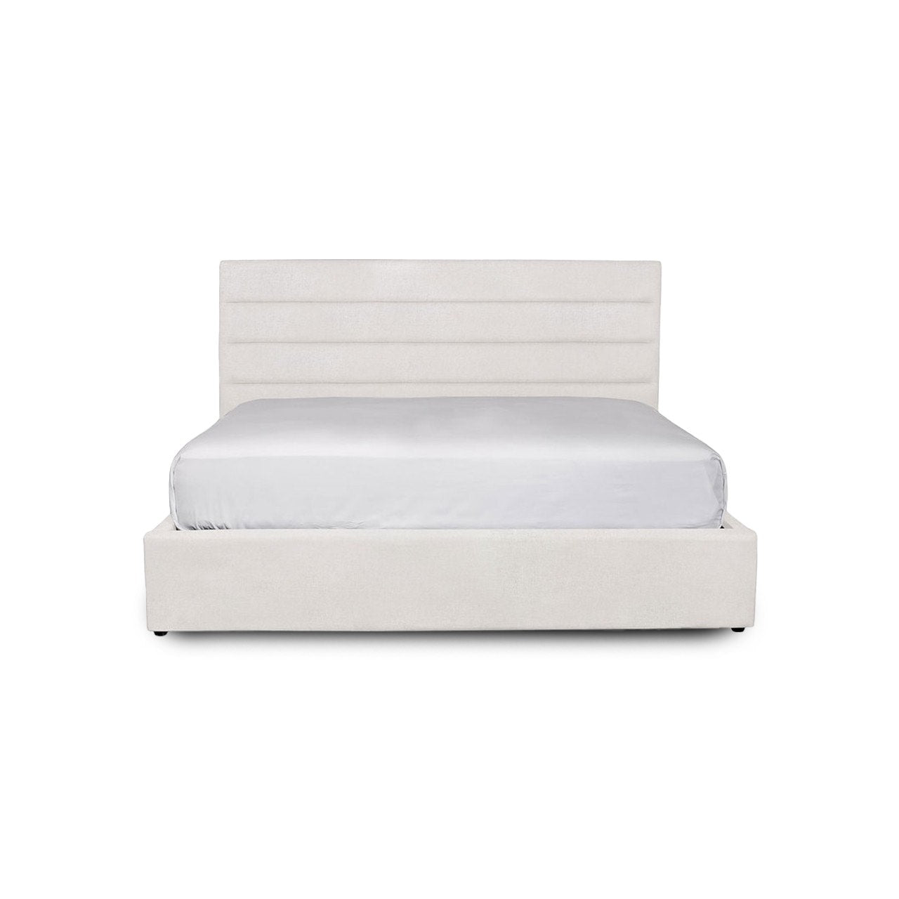 Front view of the Julia storage bed featuring a soft sand fabric and a modern horizontal channel tufted headboard