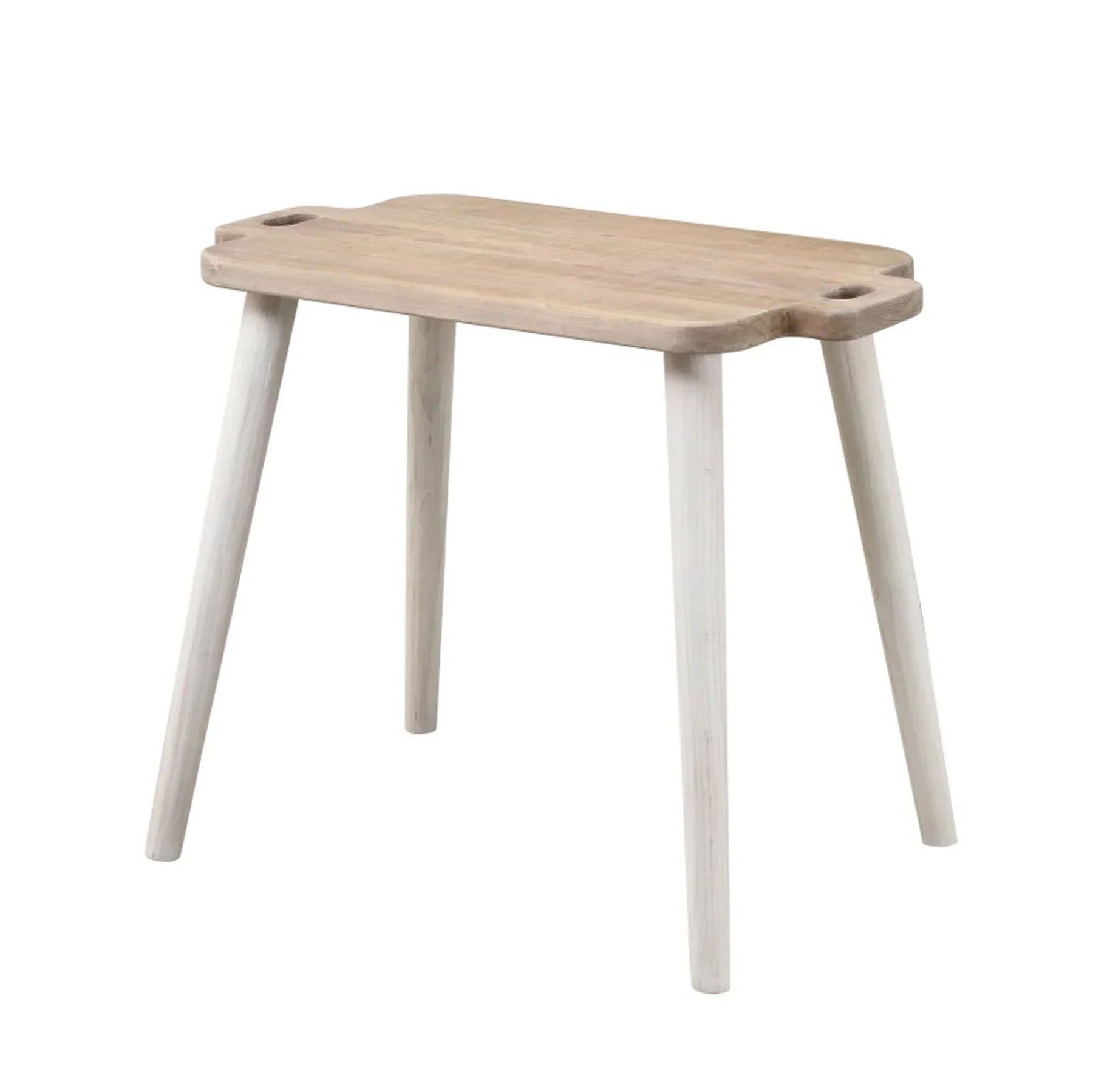 Front perspective view of the Juliet side table featuring a rectangular tray-style top and tapered white-washed legs
