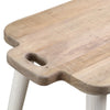 Close-up shot focusing on the integrated handle cutout and raised tray edge of the natural wood tabletop