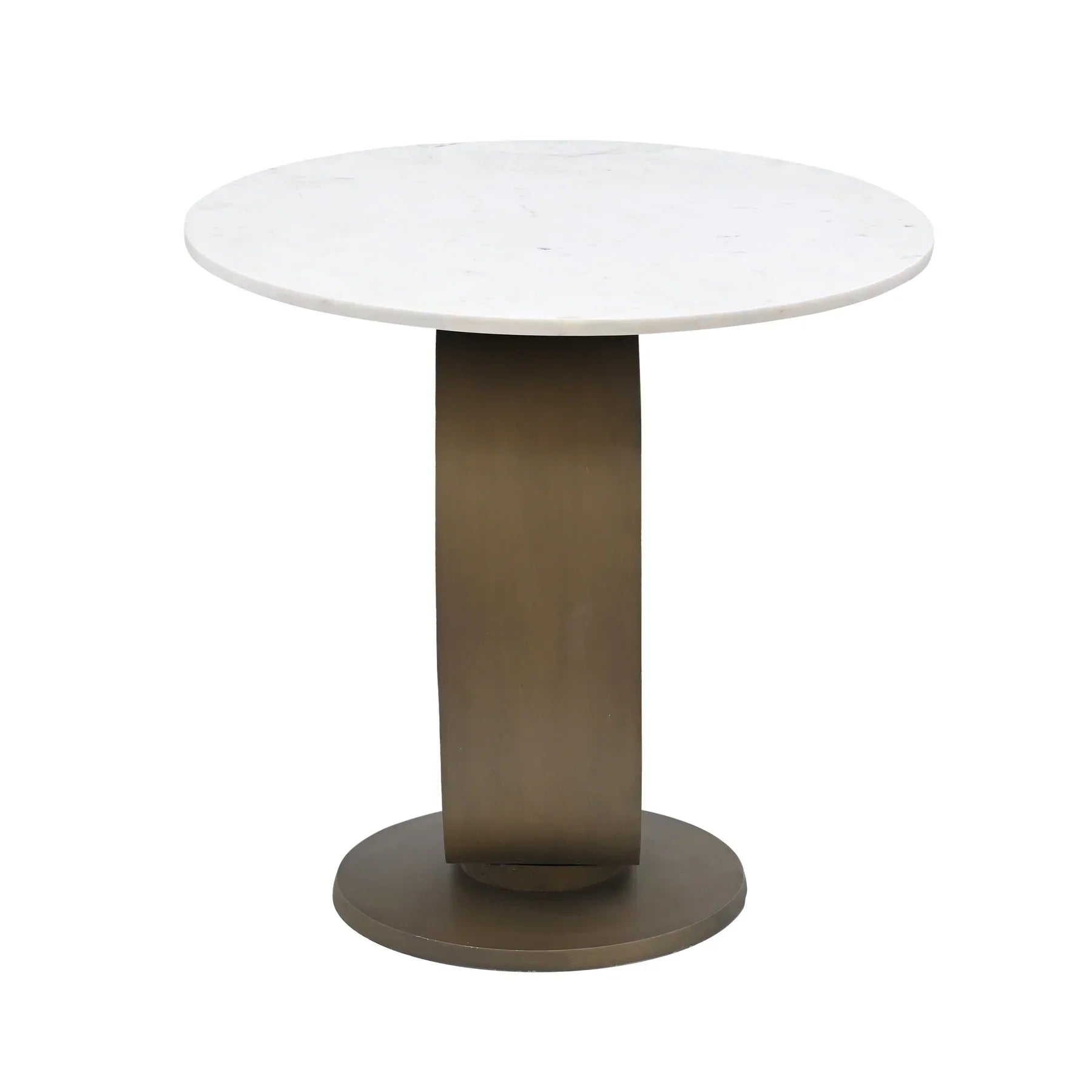 Profile shot showcasing the slender width of the antique brass ring support and the flat polished marble surface