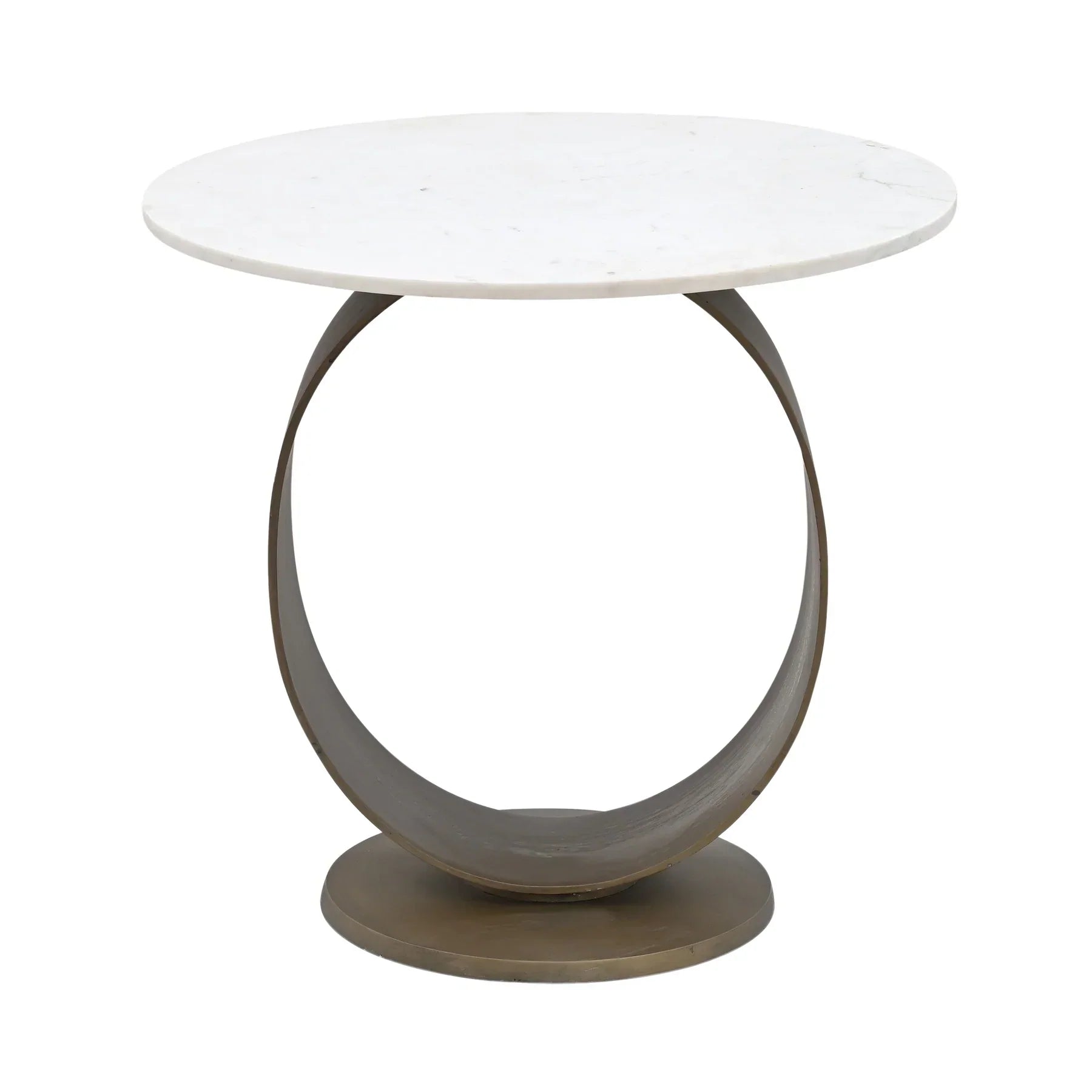 Straight-on front view highlighting the architectural circular silhouette of the brass base and the slim white marble tabletop