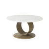 Three-quarter perspective highlighting the polished marble surface and the open circular silhouette of the brushed gold base