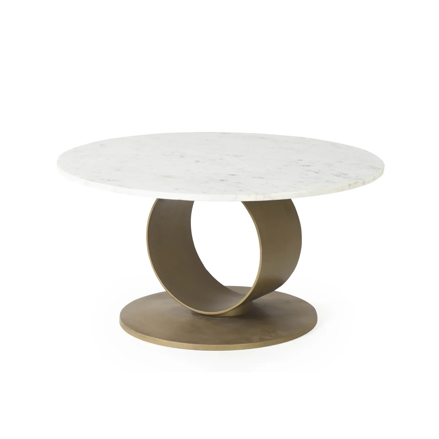 Three-quarter perspective highlighting the polished marble surface and the open circular silhouette of the brushed gold base