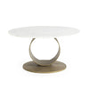 Front view of the Juno coffee table featuring a circular white marble top and a unique sculptural gold metal ring pedestal base