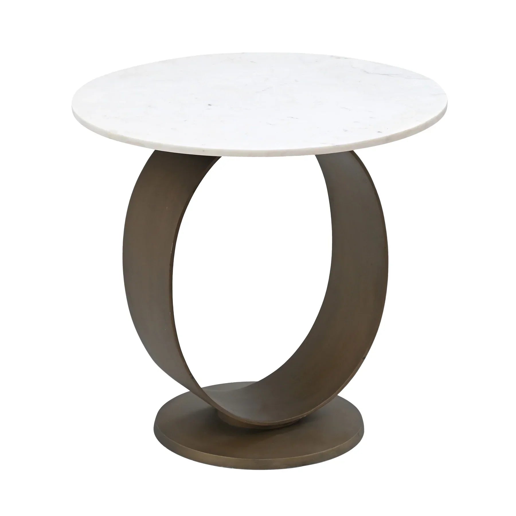 Three-quarter view of the Juno side table featuring a circular white marble top and a sculptural antique brass open ring pedestal base