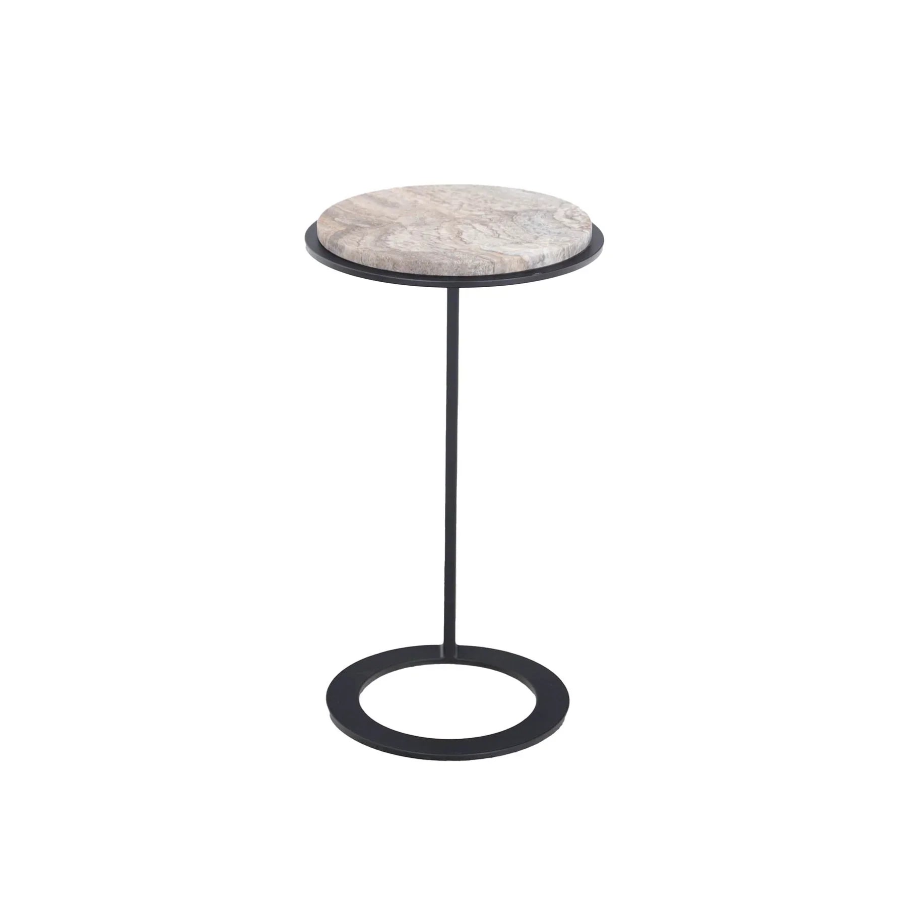 Perspective shot highlighting the sleek cantilever design and the slim black metal support post of the Jupiter side table