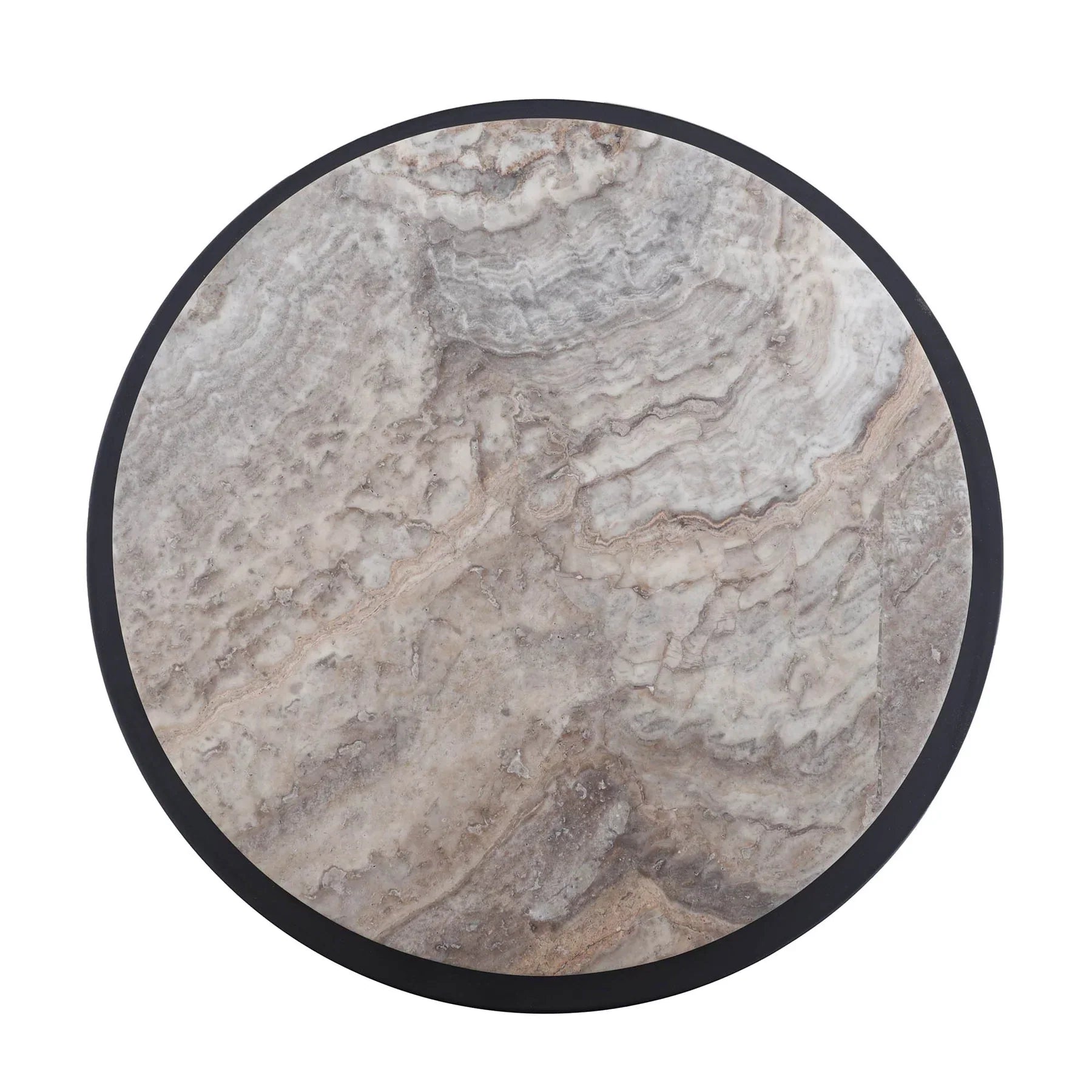 High-angle close-up highlighting the unique organic mineral veining and neutral beige tones of the round travertine surface