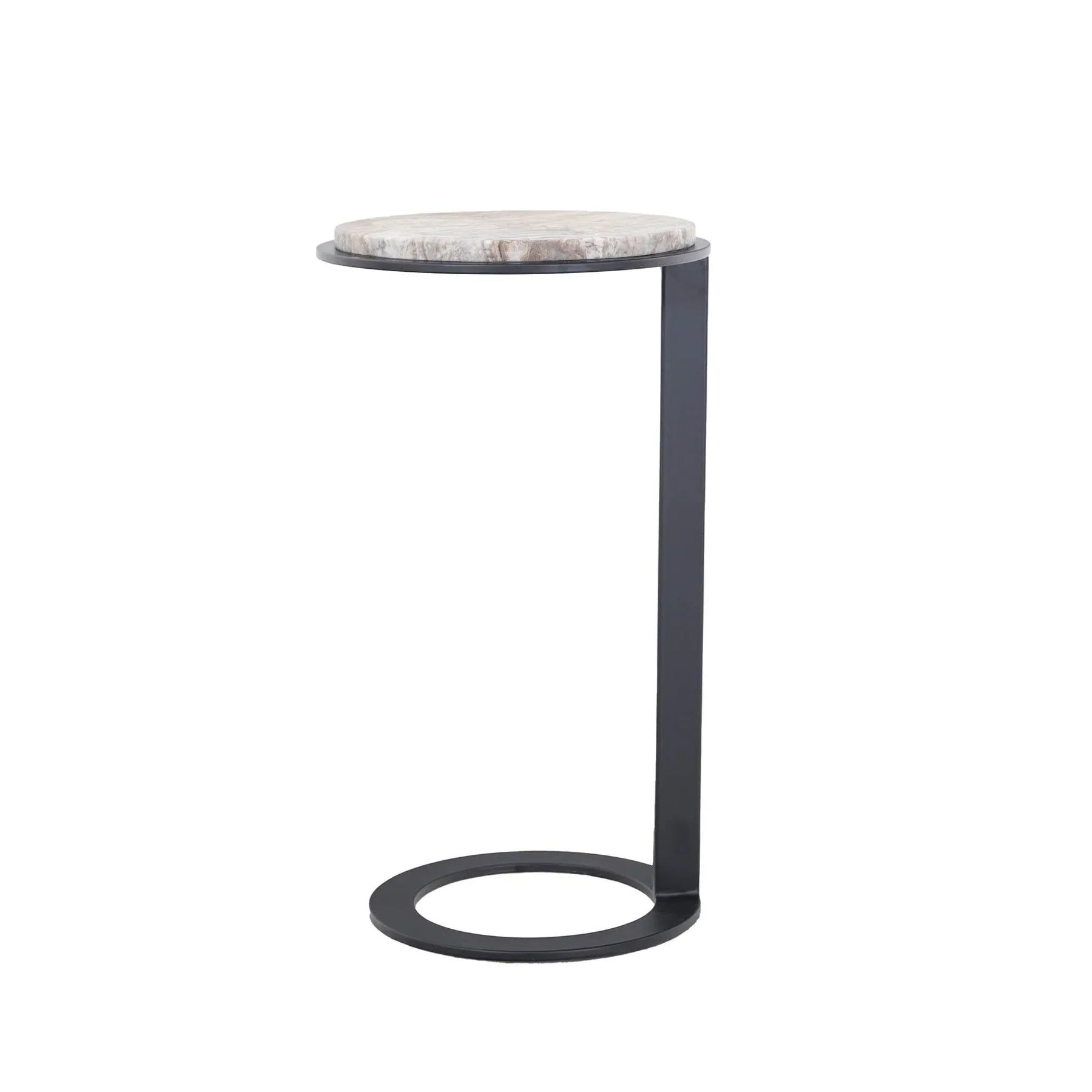 Three-quarter view of the Jupiter side table featuring a circular travertine stone top and a modern black metal C-shaped frame