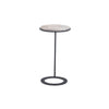 Additional front-facing view of the round travertine accent table emphasizing the thin profile of the stone tabletop