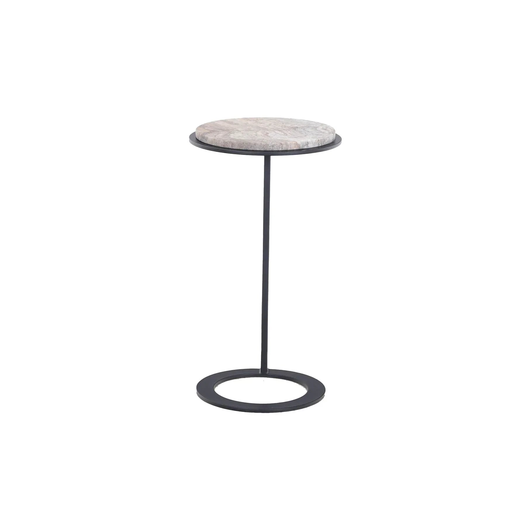Additional front-facing view of the round travertine accent table emphasizing the thin profile of the stone tabletop