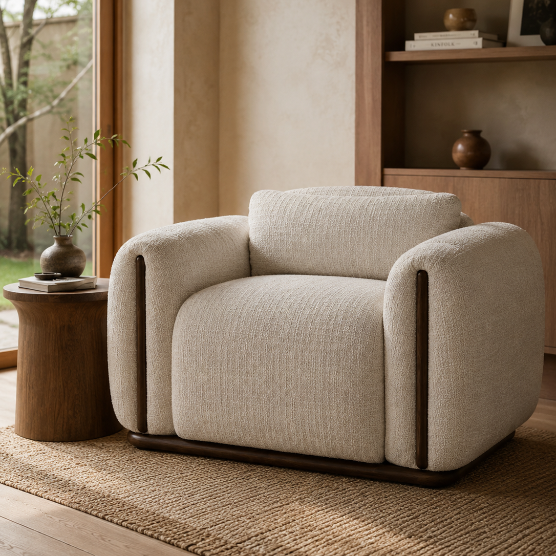 A modern upholstered armchair in a warm off-white textured fabric, positioned in a cozy, sunlit room with a wooden side table, woven rug, and built-in wooden shelves in the background.