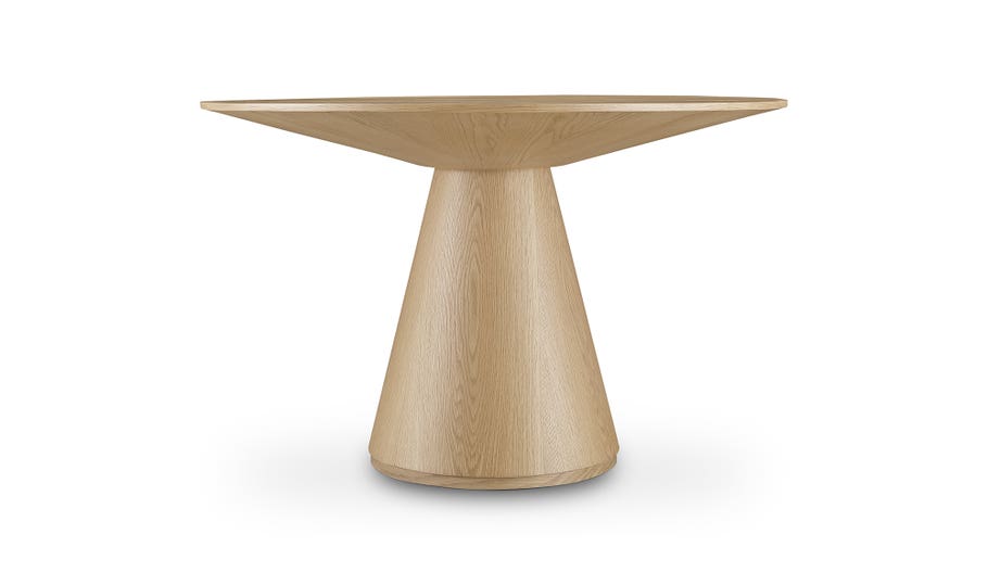 Front view of the 54 inch Otago round dining table in a light natural oak finish with a minimalist conical pedestal base