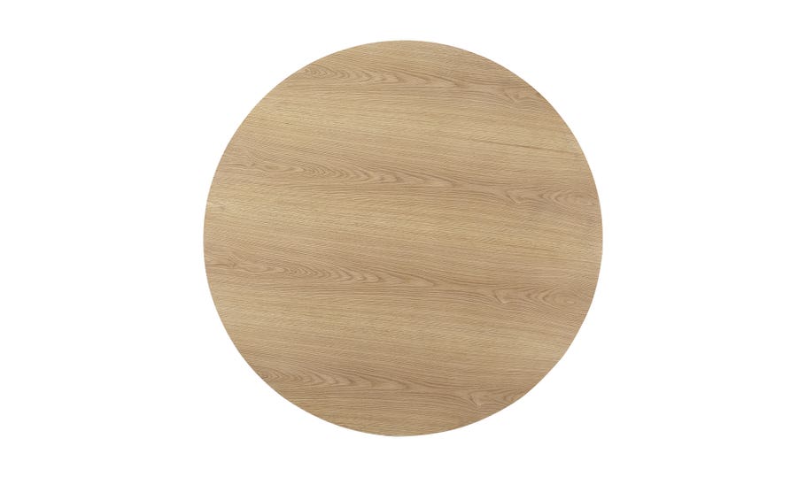 Front view of the 54 inch Otago round dining table in a light natural oak finish with a minimalist conical pedestal base