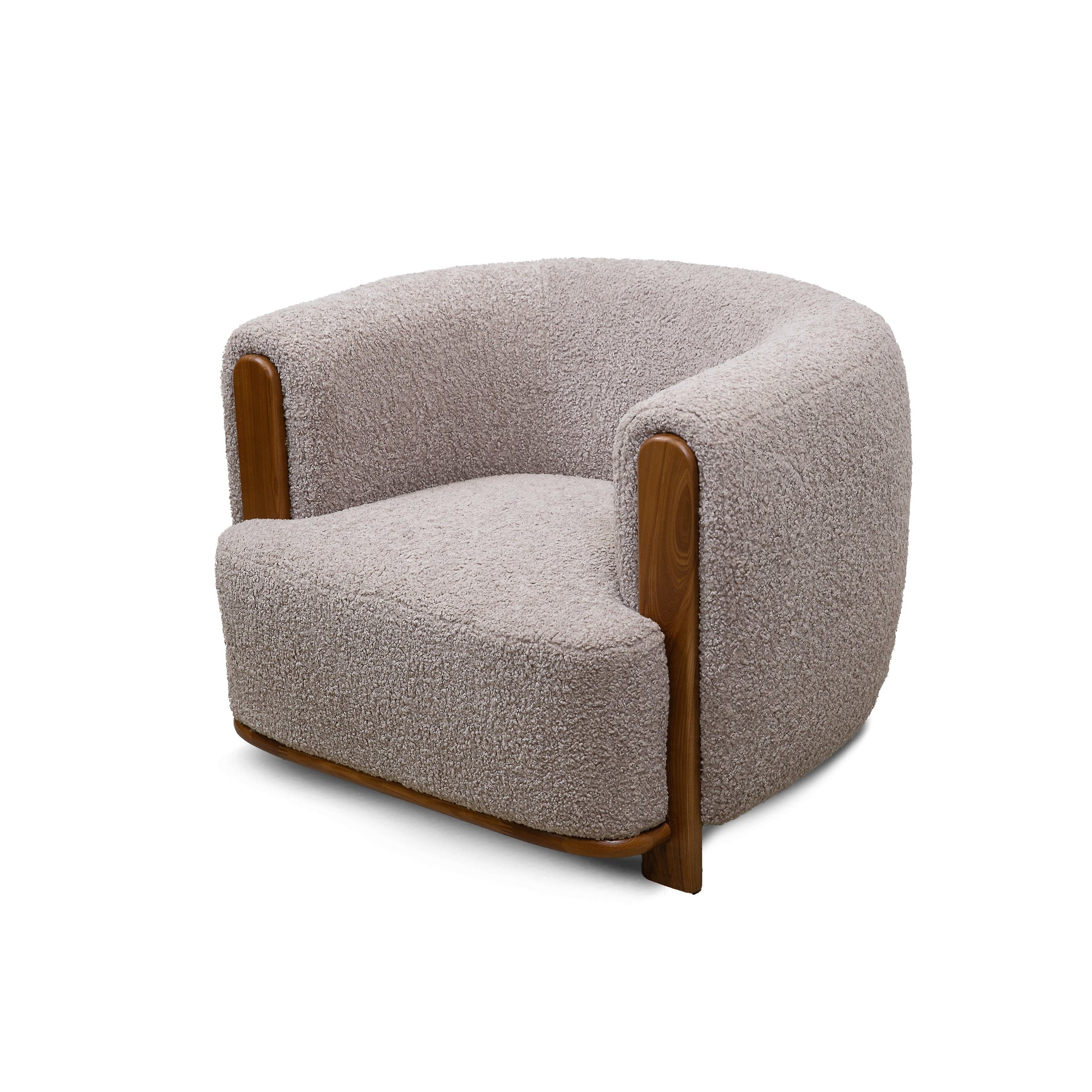 Front view of the Keji Armchair in pebble grey bouclé featuring a rounded silhouette and integrated natural wood frame