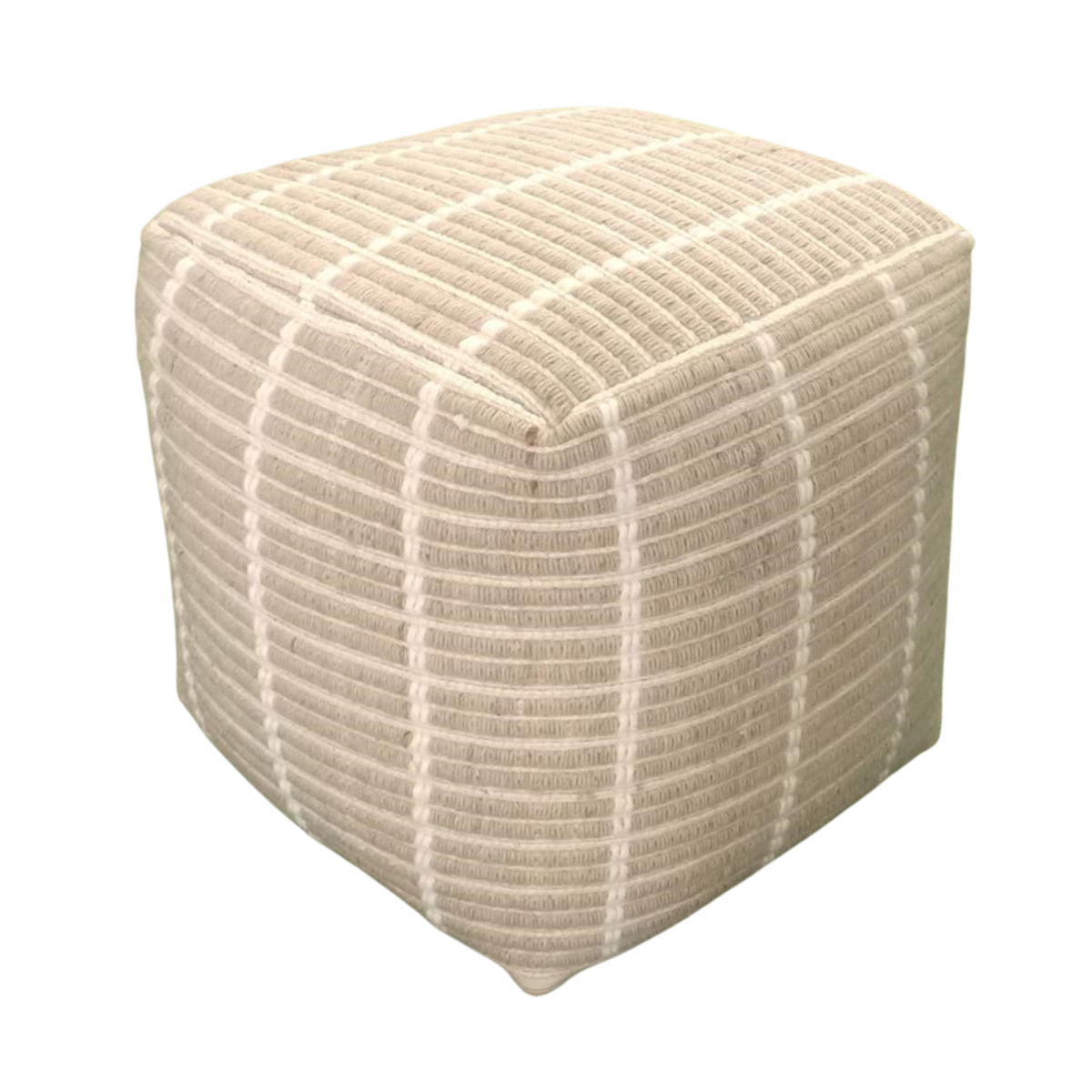 Front three-quarter view of the Kenniston cubic pouf featuring a beige and ivory woven linear grid pattern