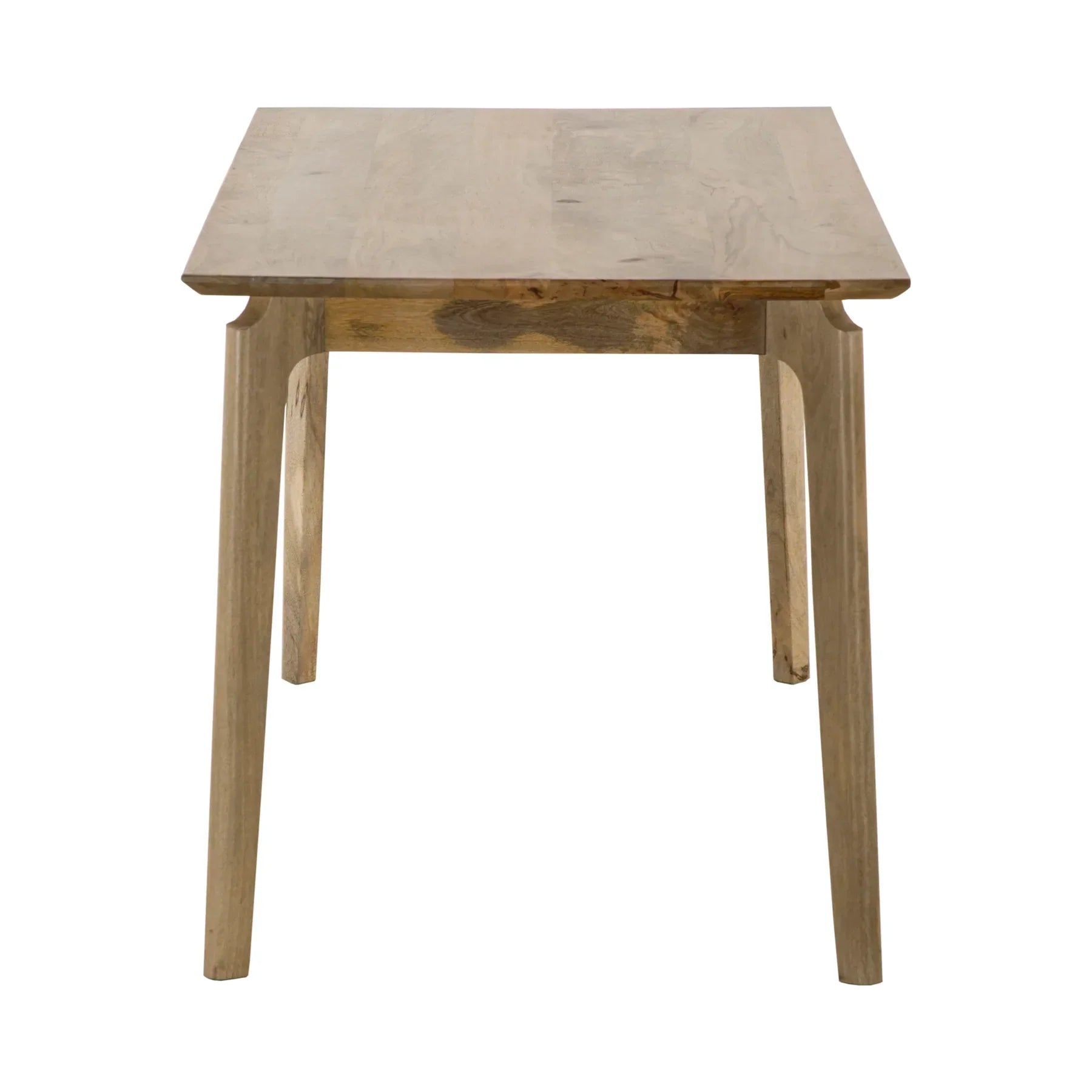 Front view of the Kenzo dining table in a light natural mango wood finish featuring a minimalist rectangular top and rounded tapered legs
