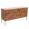 Three-quarter perspective view of the Kenzo sideboard featuring a warm acacia wood finish with a unique hand-assembled hexagonal mosaic door pattern