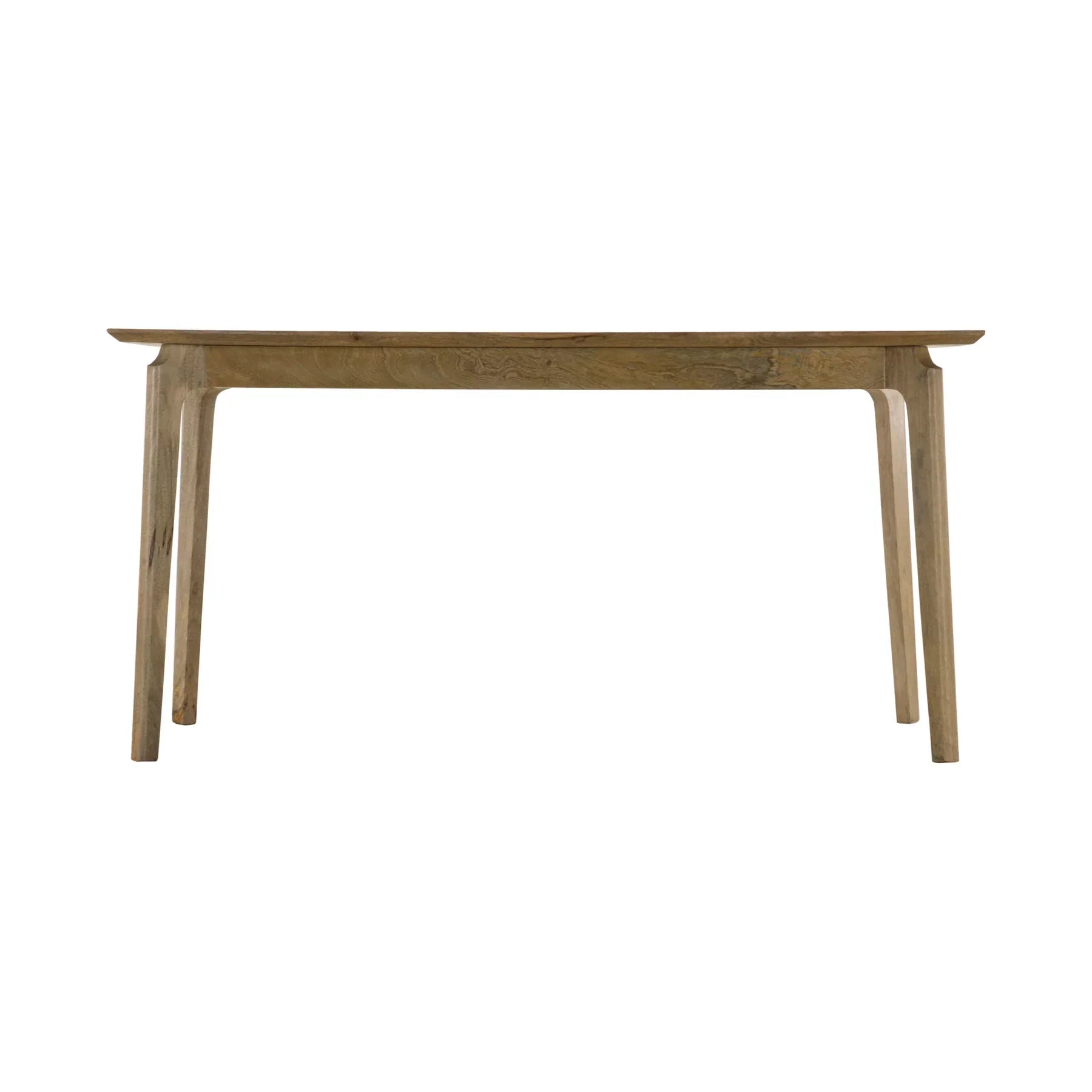 Front view of the Kenzo dining table in a light natural mango wood finish featuring a minimalist rectangular top and rounded tapered legs