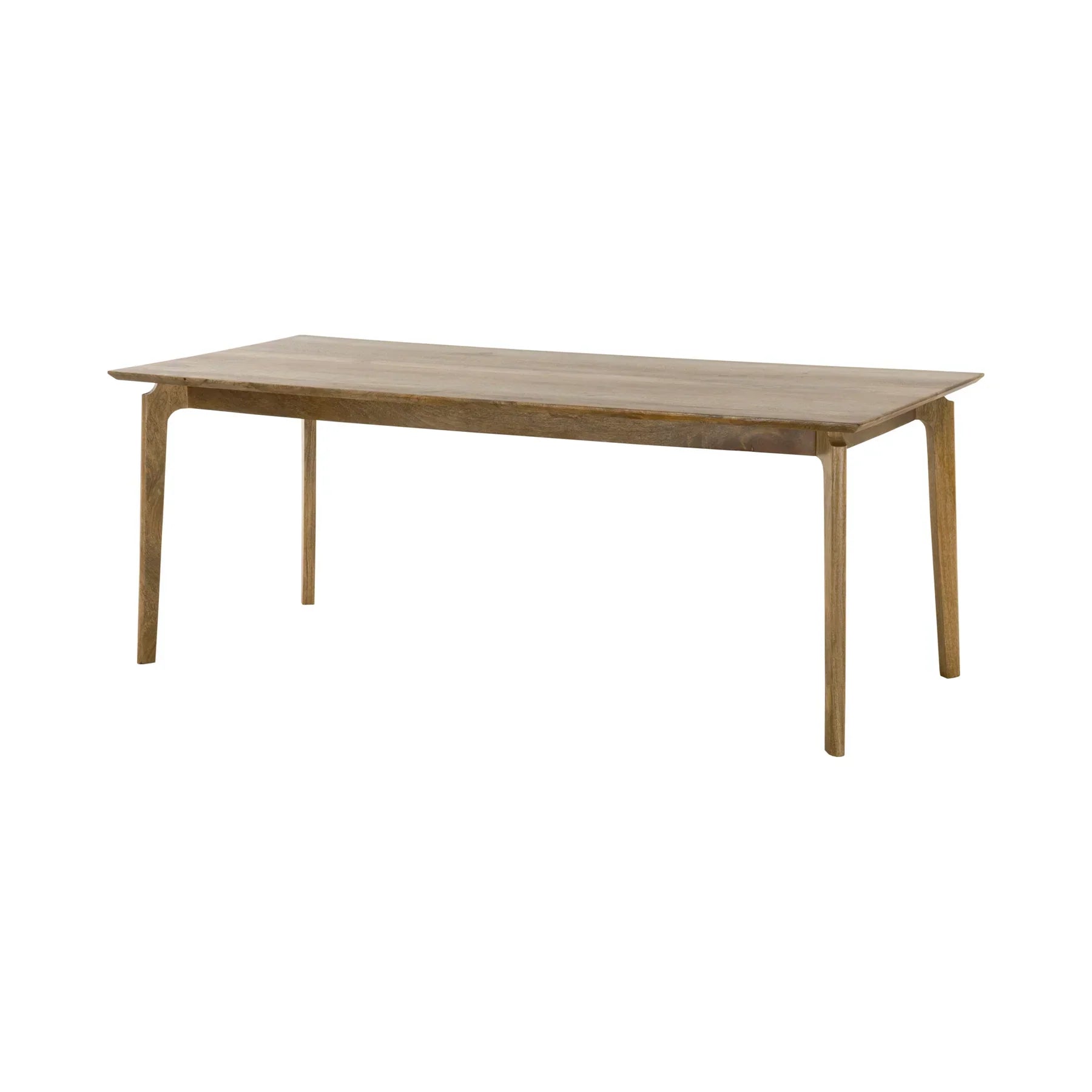 Front view of the Kenzo dining table in a light natural mango wood finish featuring a minimalist rectangular top and rounded tapered legs