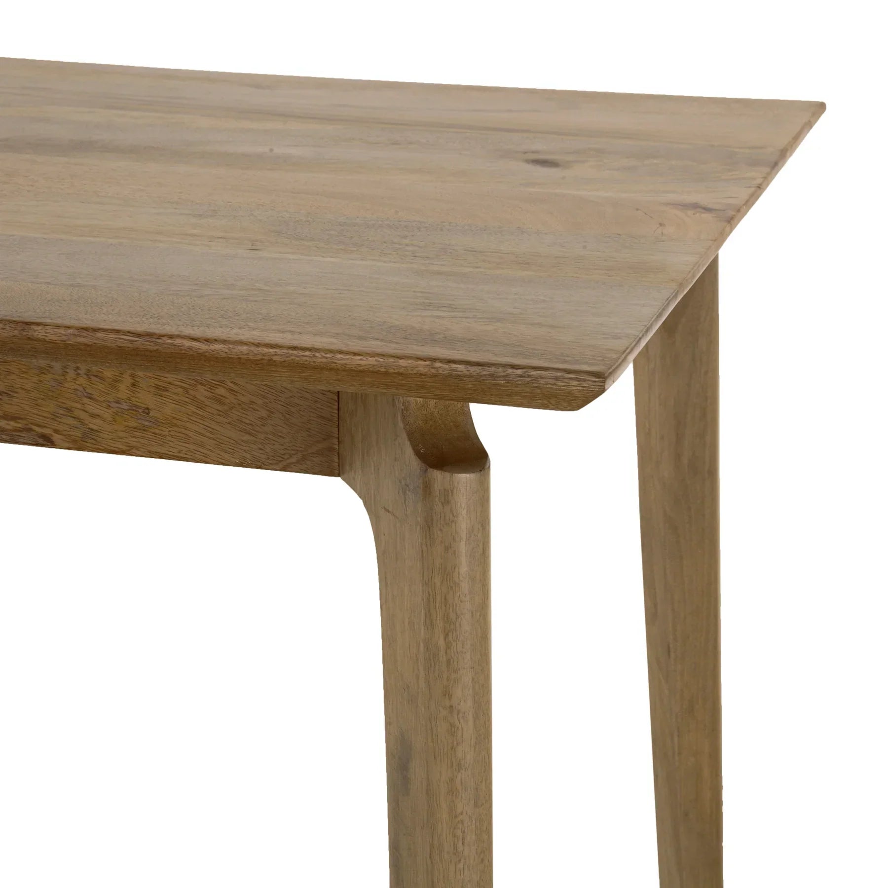 Front view of the Kenzo dining table in a light natural mango wood finish featuring a minimalist rectangular top and rounded tapered legs