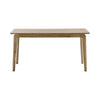 Studio lifestyle perspective of the natural mango wood table styled with grey chairs and a minimalist olive tree