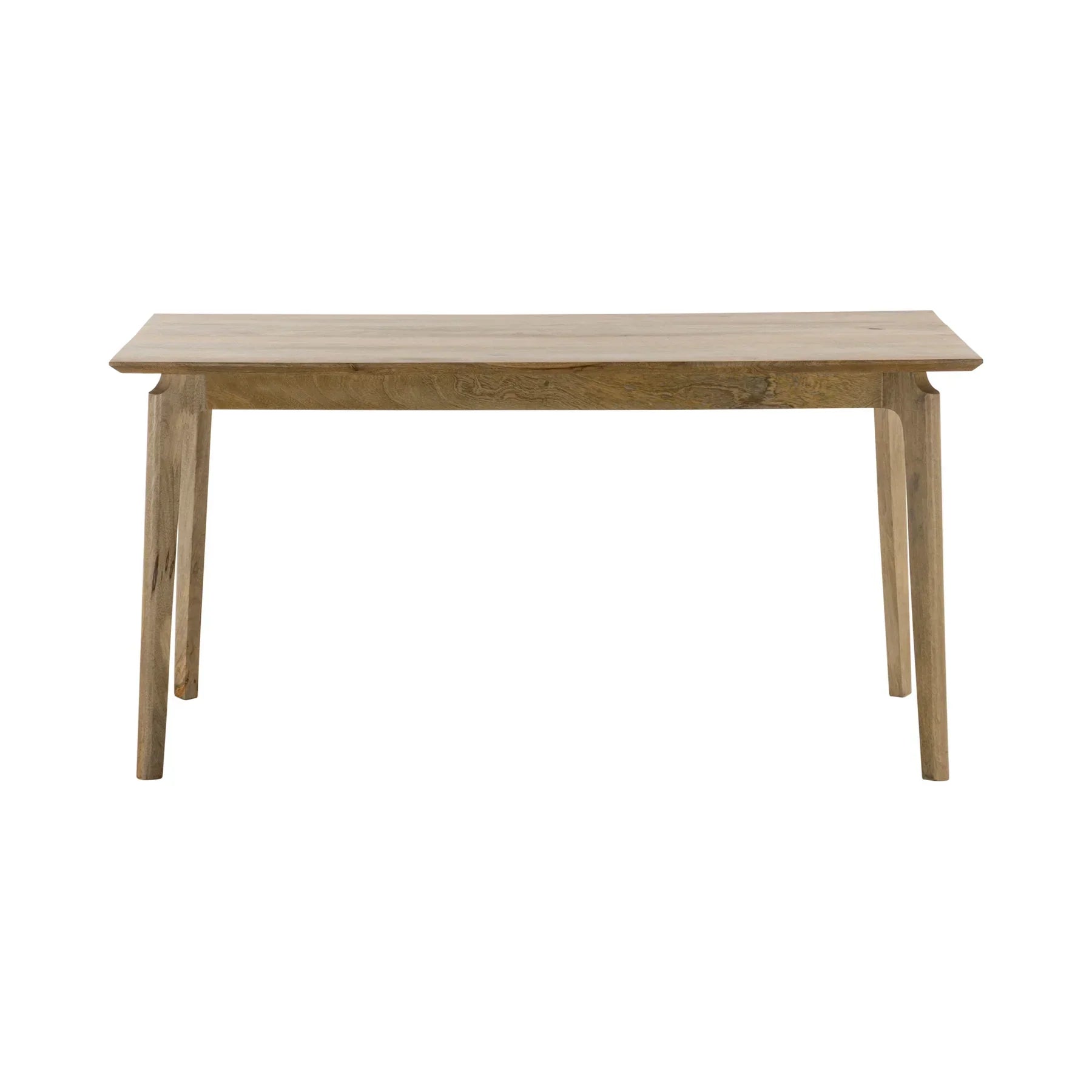 Front view of the Kenzo dining table in a light natural mango wood finish featuring a minimalist rectangular top and rounded tapered legs