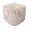 Front view of the Kimono cubic pouf featuring a dense ivory and grey geometric weave and a soft structured square silhouette